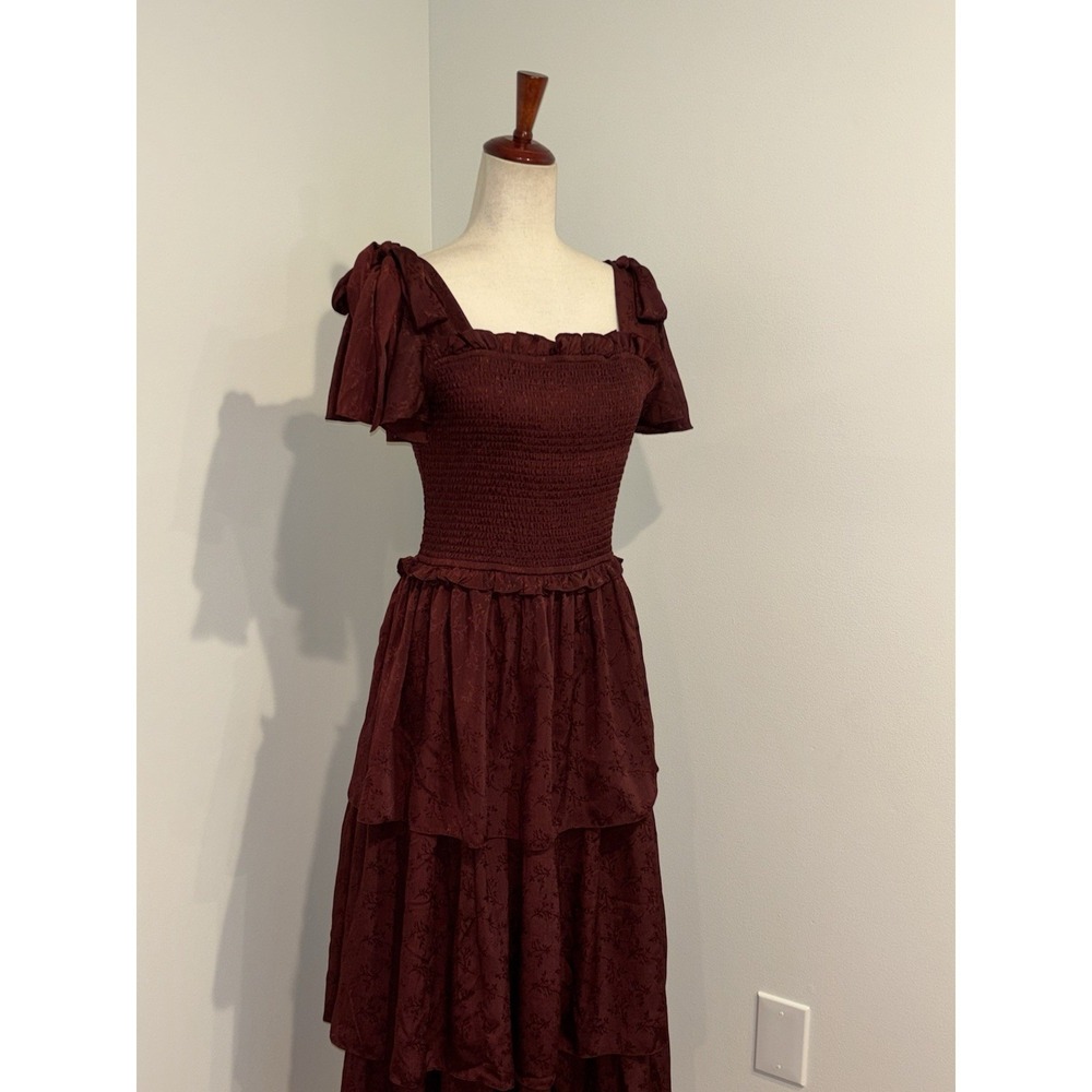 Ivy City Co Alana Tiered Smocked Burgundy Wine Size Medium Cottagecore Maxi - Picture 8 of 10